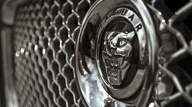 Jaguar XJ Noir calandre et zoom insigne
