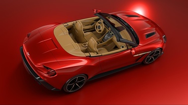 Aston Martin Vanquish Volante Zagato rouge 3/4 arrière droit vue de haut penché