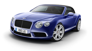 Bentley Continental GTC V8 bleu 3/4 avant gauche capoté penché