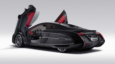 McLaren X-1 noir 3/4 arrière gauche portes ouvertes