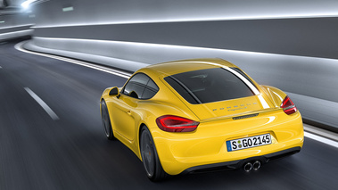 Porsche Cayman 981 jaune 3/4 arrière gauche filé